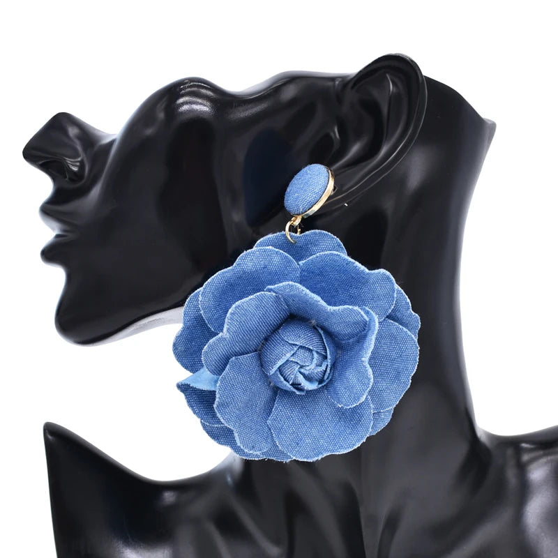 Denim Rose Flower Women Drop Bold Elegant  Exaggerate Statement Earrings