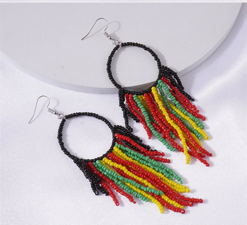 Fashion Ethnic Beaded Long Dangle Earrings Vintage Handmade Jamaican BM  Style Women Earrings