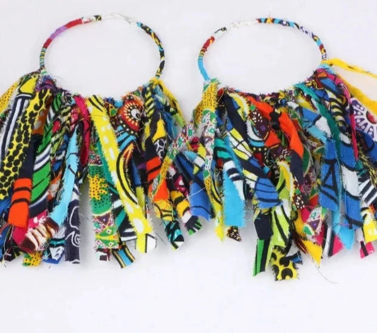 African Women’s Big Hoop Styled Fabric Cloth Feathered Multicolor Statement Fashion Earrings