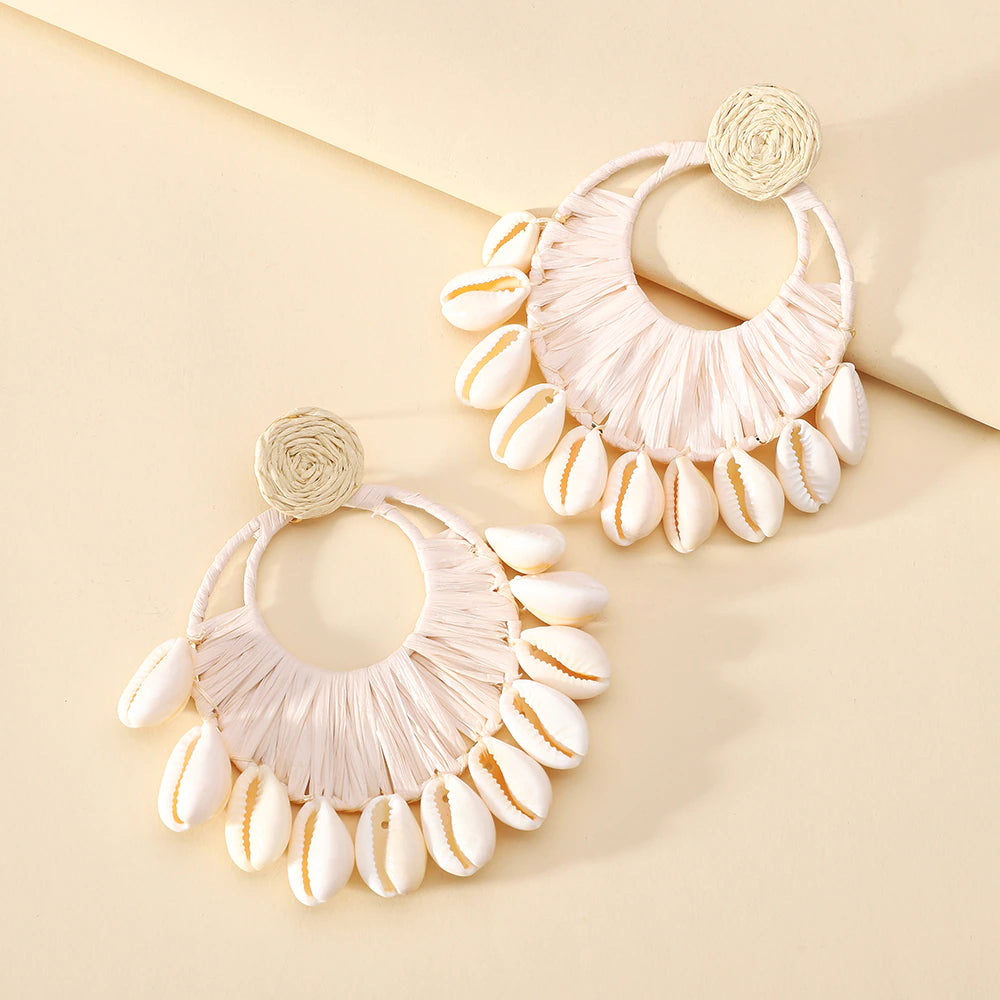 African Cowrie Shell Fashion  Beach Crochet Earrings Large Circle Tassel Dangle Jewelry
