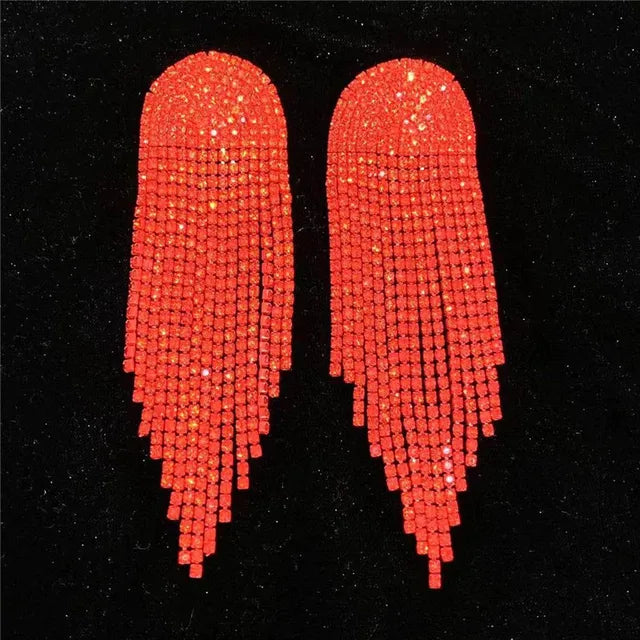 Trendy High Fashion Rhinestone Tassel Earrings For Women Statement Jewelry Shine Crystal Large Long Earring