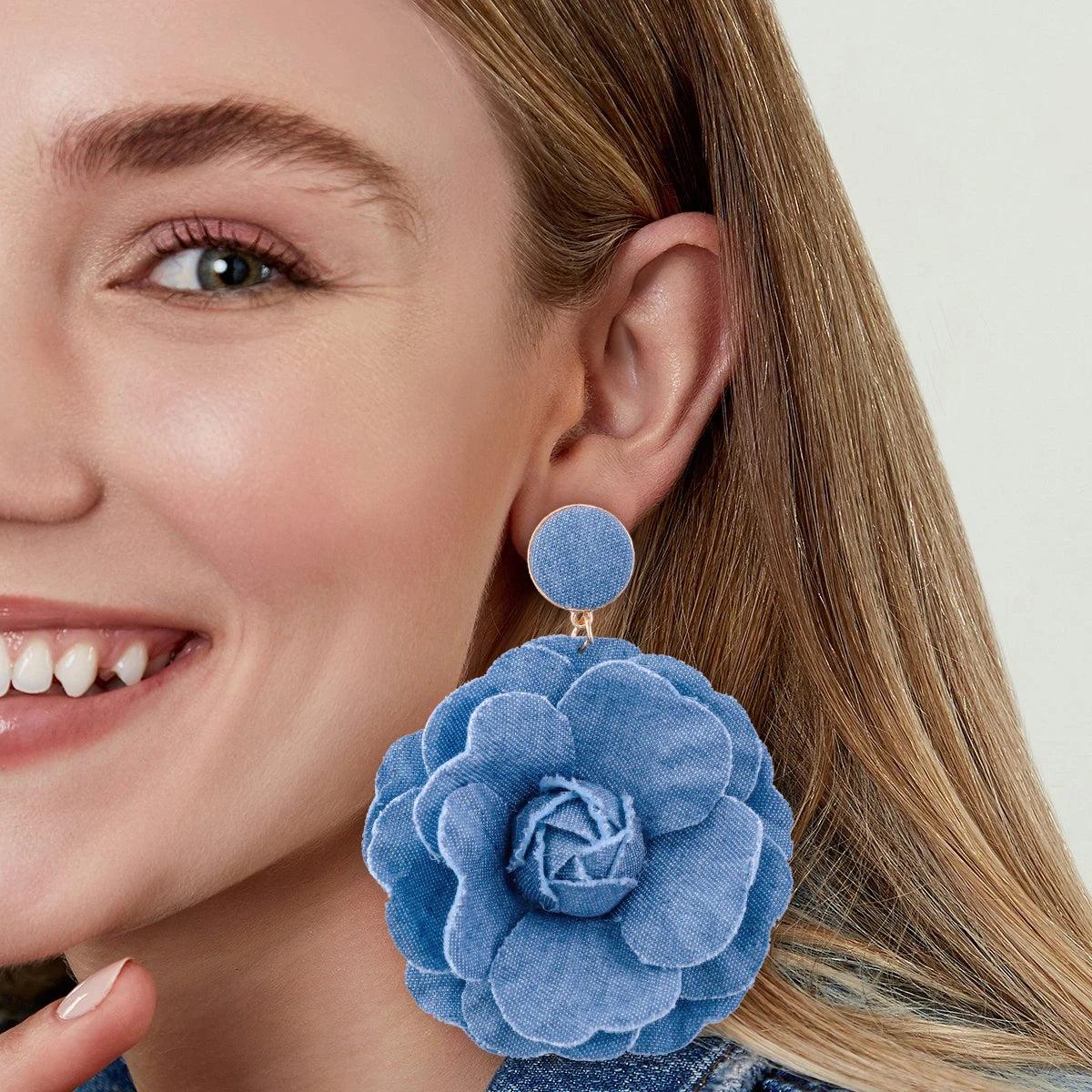 Denim Rose Flower Women Drop Bold Elegant  Exaggerate Statement Earrings