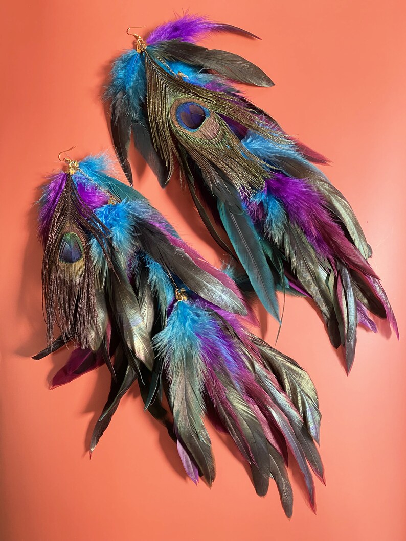 BOLD Feather Diva Glam Earrings Long Handmade Hook Dangle Accessories