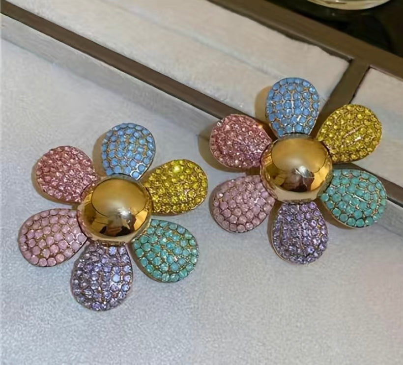 Rhinestones Colorful Flower Design Earrings Gorgeous Sparkling Candy Color Spring Earrings for Girls And Women