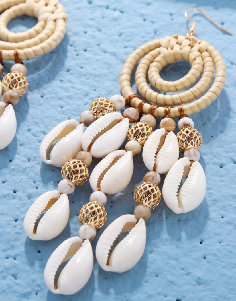 Cowrie Bohemian Vacay Island Diva Shell Beaded Vine Woven Long Dangle Earrings for Women Accessory