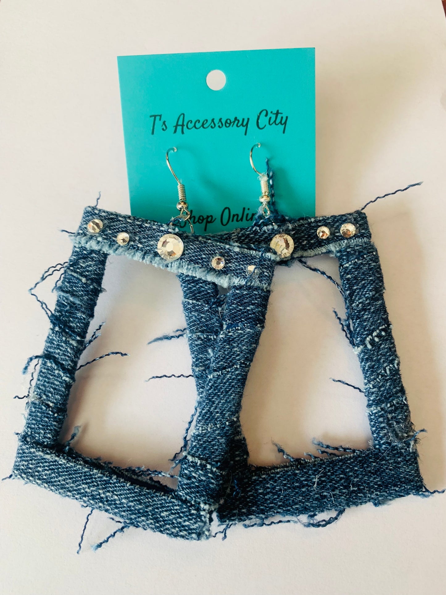Distressed Blue Denim Women's Personality Custom Wood Shaped Earrings Accessories Jewelry