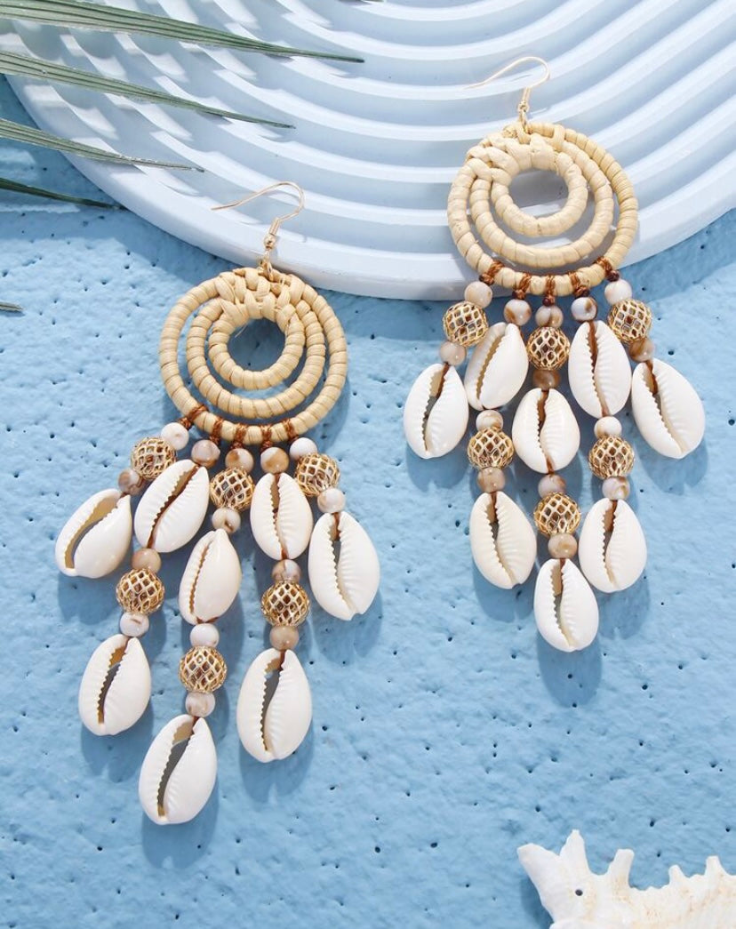 Cowrie Bohemian Vacay Island Diva Shell Beaded Vine Woven Long Dangle Earrings for Women Accessory