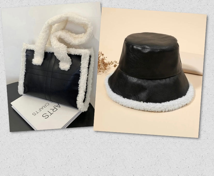 Winter Fashion Fuzzy Trim Bucket Hat and Baguette Shoulder Tote Handle Purse Set