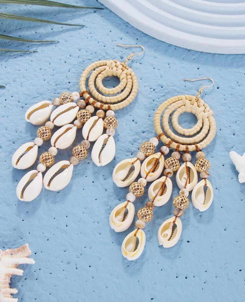 Cowrie Bohemian Vacay Island Diva Shell Beaded Vine Woven Long Dangle Earrings for Women Accessory