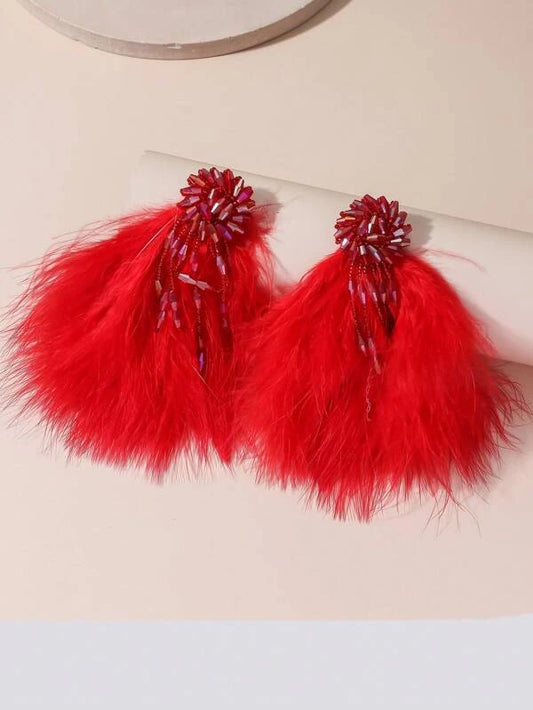 Lovely Red Fluffy Bohemian Feather Styled Fashion Earrings for Women Trendy Ladies Jewelry