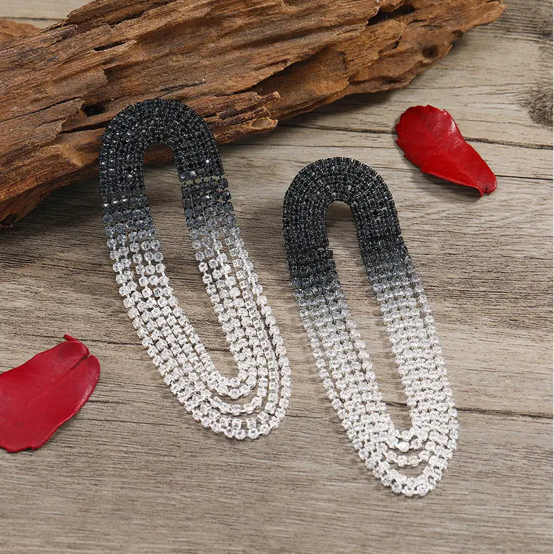 Women's Fashion Gradient Color Long Tassel Rhinestones Jewelry Earrings