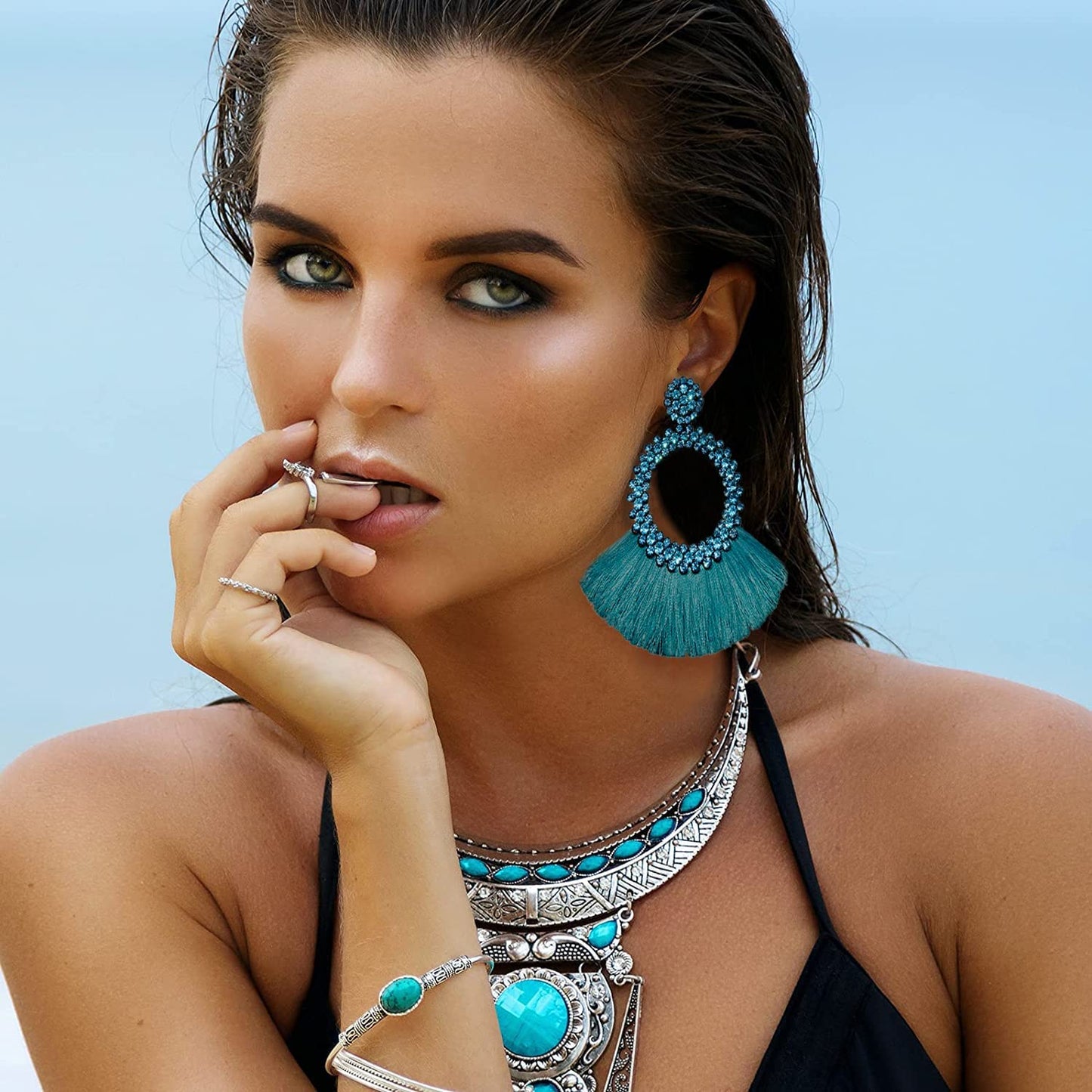 Cute Trendy Tassel Crystal Feathered Statement Fashion Rhinestone Earrings Women’s