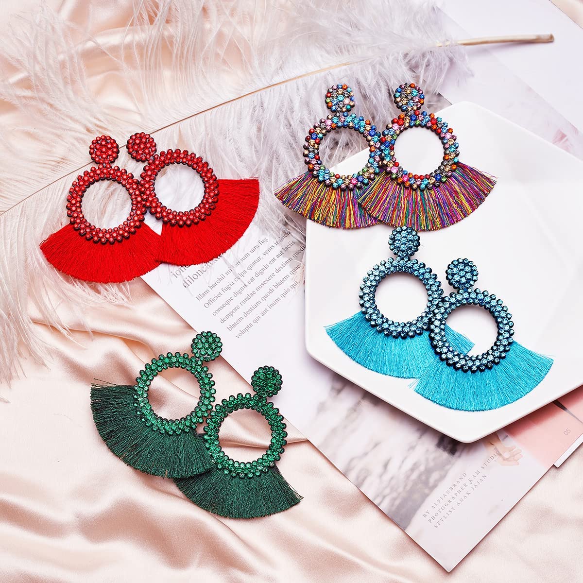 Cute Trendy Tassel Crystal Feathered Statement Fashion Rhinestone Earrings Women’s