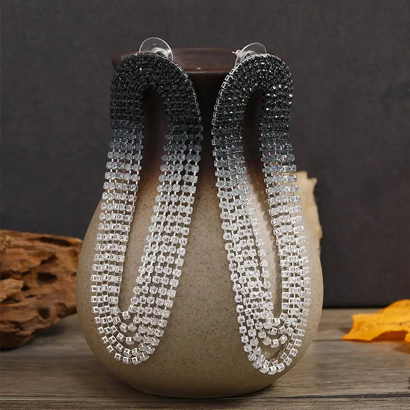 Women's Fashion Gradient Color Long Tassel Rhinestones Jewelry Earrings