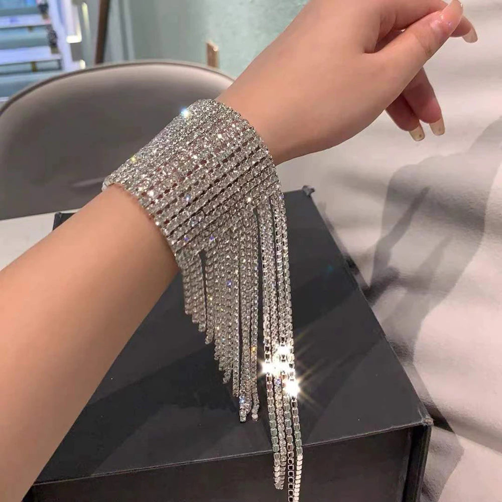 Women's Luxury Crystal Super Shiny Rhinestone Long Fringed Tassel Bracelet Wrist Jewelry