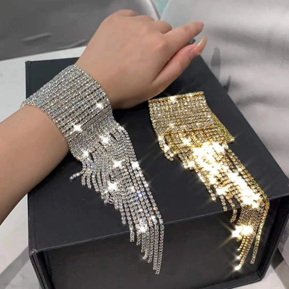 Women's Luxury Crystal Super Shiny Rhinestone Long Fringed Tassel Bracelet Wrist Jewelry