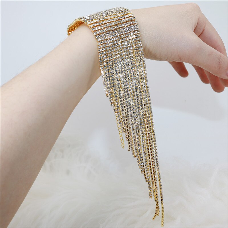 Women's Luxury Crystal Super Shiny Rhinestone Long Fringed Tassel Bracelet Wrist Jewelry