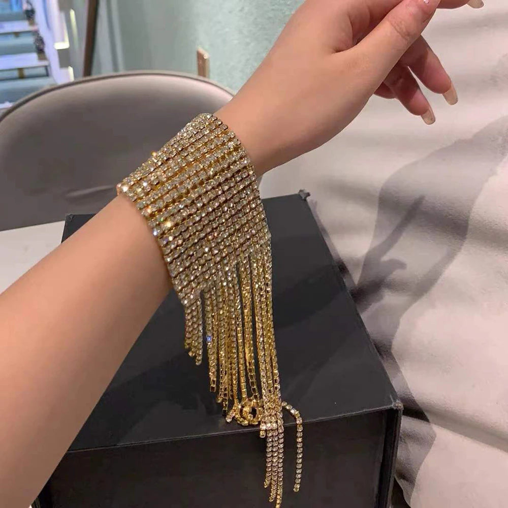 Women's Luxury Crystal Super Shiny Rhinestone Long Fringed Tassel Bracelet Wrist Jewelry