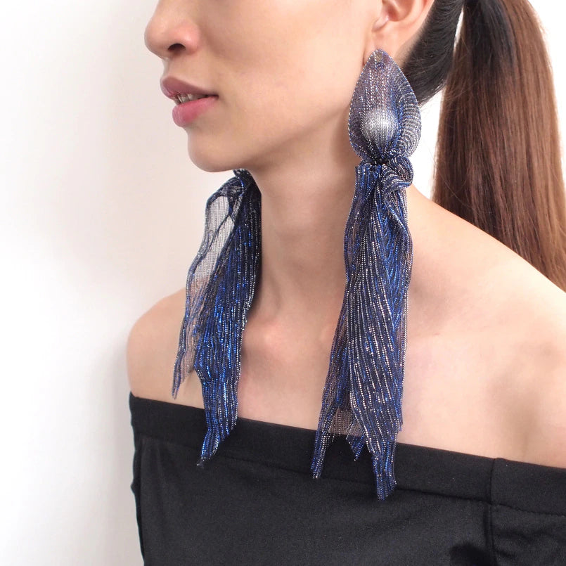 Beautiful Lace Mesh Wrap Pearl Long Statement Fashion Jewelry Ladies Earrings