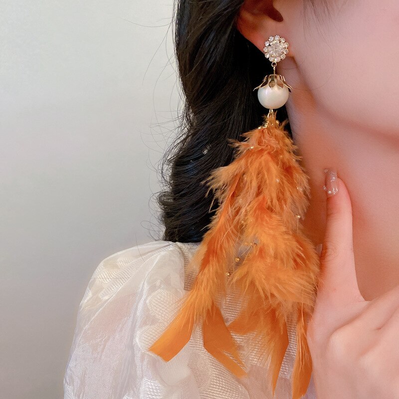 New Bohemian Jewelry  Feather for Women Statement Long Tassel Earrings