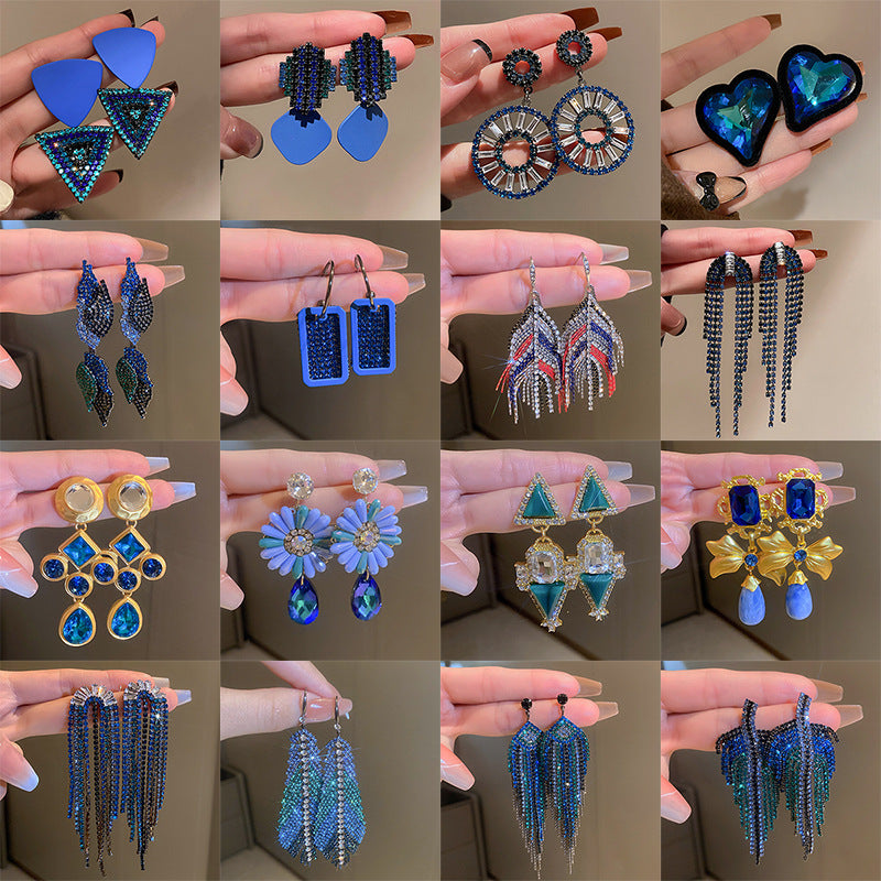 Blue Rhinestone Crystal Geometric Flower Long Tassel Earrings for Women's Jewelry