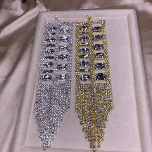 Elegant Rhinestone Big Square  Long Tassel Hand Chain Wrist Bracelet for Women Crystal Bangle Jewelry