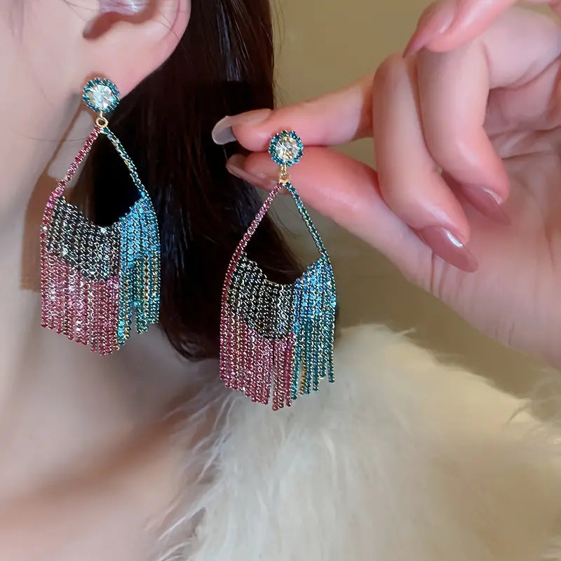 Beautiful Colored Rhinestones Fashion Dangle Tassel Earrings Jewelry for Women Girls