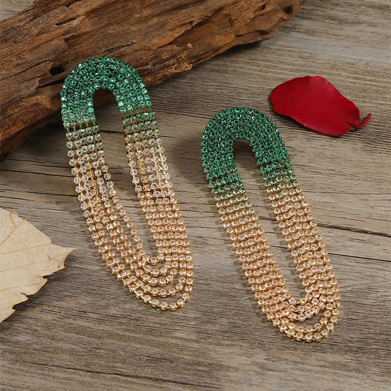Women's Fashion Gradient Color Long Tassel Rhinestones Jewelry Earrings