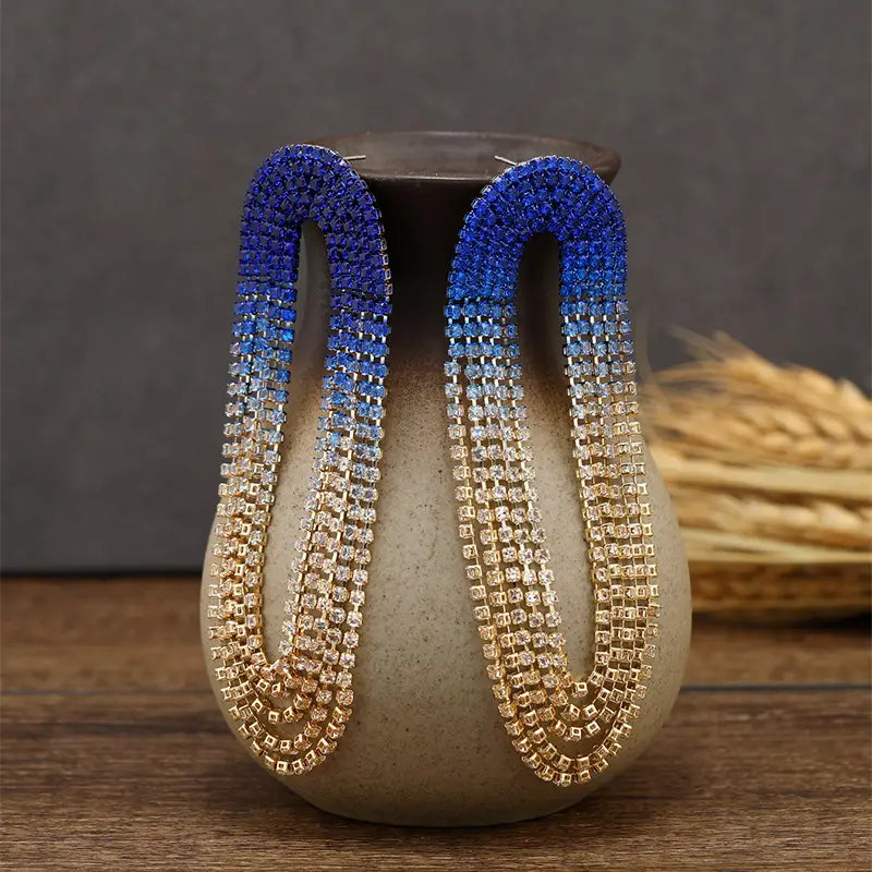 Women's Fashion Gradient Color Long Tassel Rhinestones Jewelry Earrings