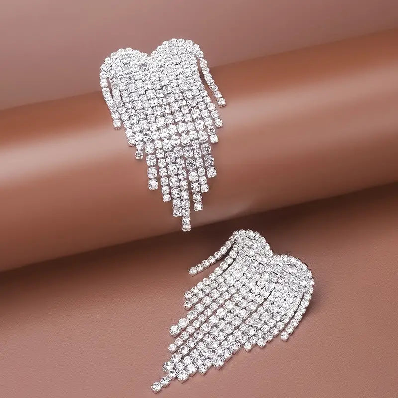 Heart-Shaped Rhinestone Tassel Drop Crystal Earrings Accessories