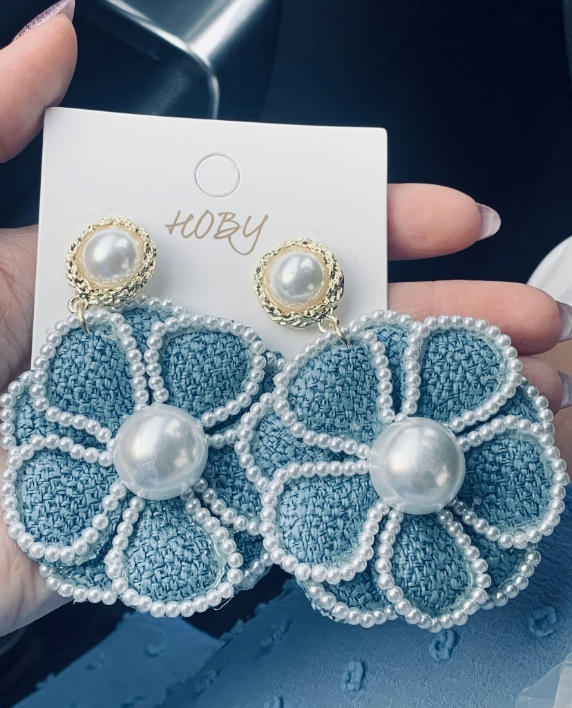 Elegant Blue Denim Crystal Pearl Flower Earrings Jewelry for Women Accessories