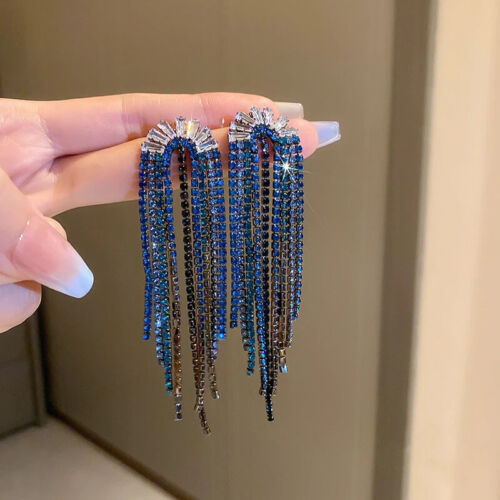 Blue Rhinestone Crystal Geometric Flower Long Tassel Earrings for Women's Jewelry