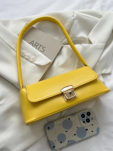 Yellow Women’s Metal Lock Fashion Statement Design Baguette Tote Shoulder Purse