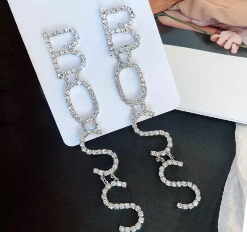 Girl Boss Statement Rhinestone Long Silver Earrings Women’s Trend Fashion Accessory