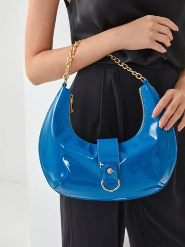 Women's Faux Blue Shiny Hobo Bag Statement Handbag Purse Ladies Tote Accessory