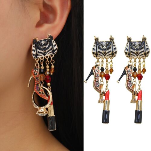 Sassy Diva Fashion Exaggerated Bag Lipstick High Heels Women Tassel Statement Earrings