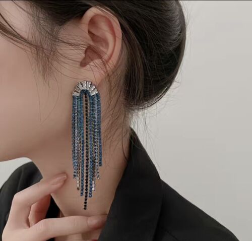 Blue Rhinestone Crystal Geometric Flower Long Tassel Earrings for Women's Jewelry