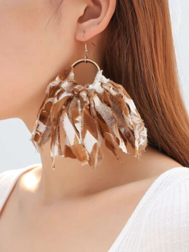 Women's Fashion Tassel Drop Cloth Brown Mix Dangle Statement Earrings Jewelry