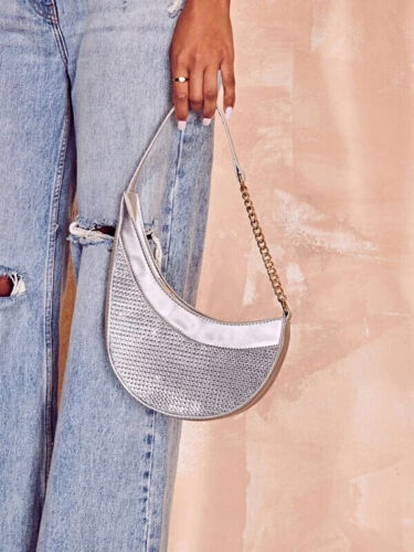 Women's Silver Metallic Rhinestone Fashion Statement Chain Novelty Bag