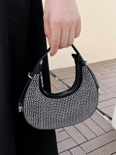 Women's Rhinestone Fashionable Black Tote Clutch Statement Bag Purse Ladies
