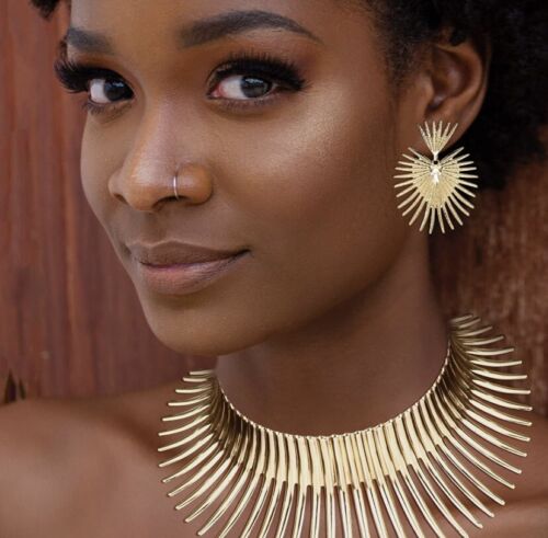 Ladies Fashion Gold Spike Shaped Statement Earrings & Necklace Set Women Nubian Styled Jewelry