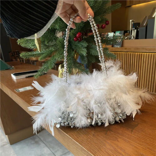 Women's Fashionista Evening Clutch Bag Shiny Feathered Purse Tote Cute Handbag Accessories