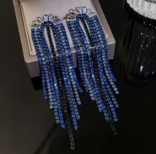 Blue Rhinestone Crystal Geometric Flower Long Tassel Earrings for Women's Jewelry